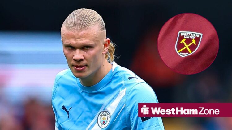 Manchester City striker Erling Haaland and West Ham United badge in circular inset