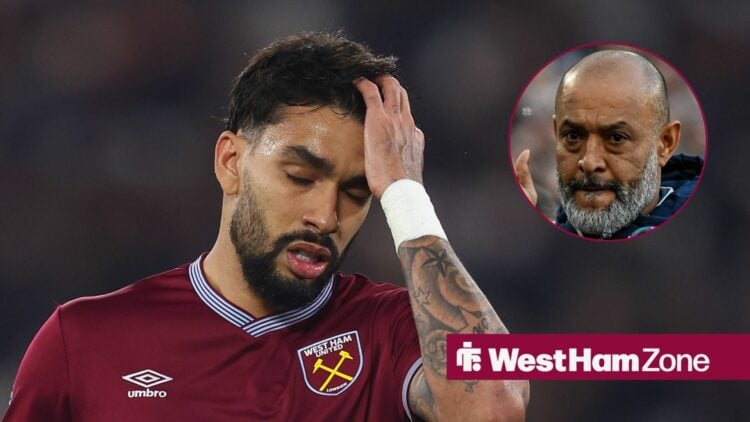 West Ham United midfielder Lucas Paqueta and Nuno Espirito Santo n circular inset