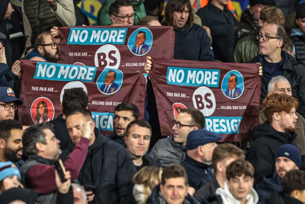 West Ham fans protest against David Sullivan and Karren Brady