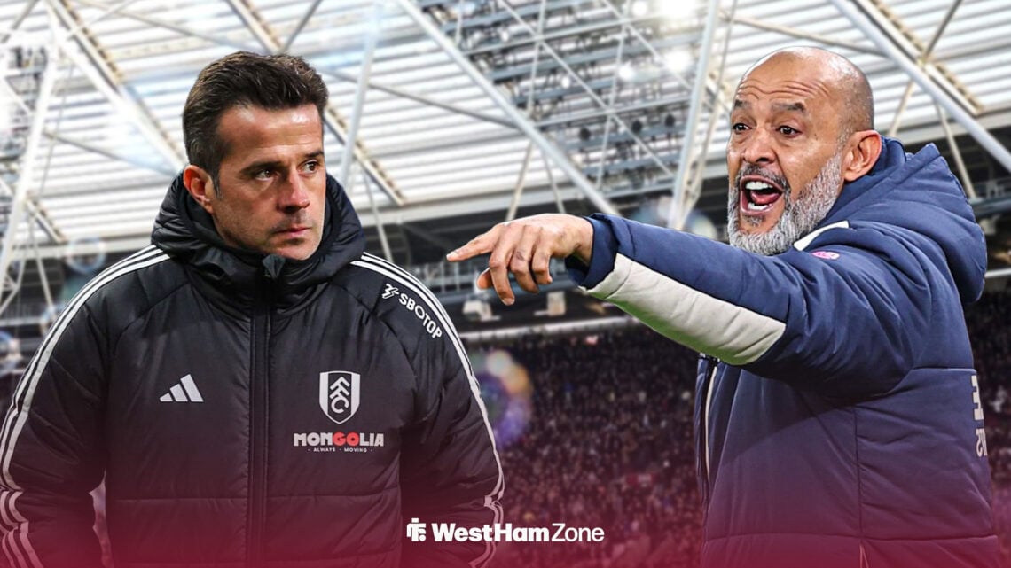 Marco Silva and Nuno Espirito Santo looking in the direction of one another, in front of the London Stadium.