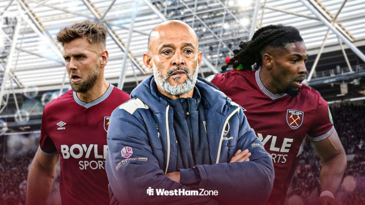 Nuno Espirito Santo next to Niclas Fullkrug and Adama Traore