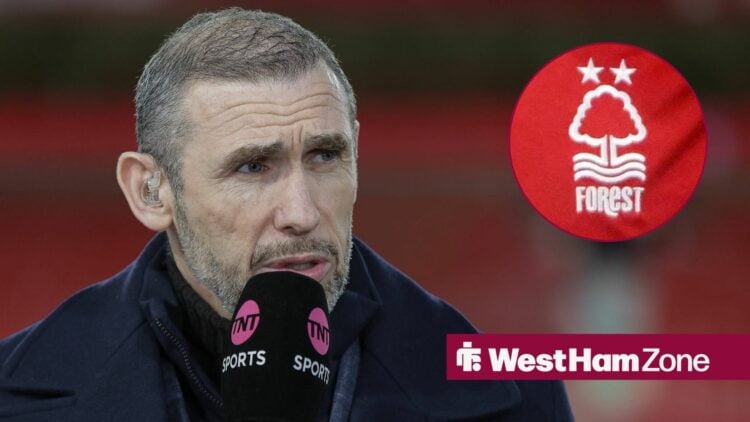Martin Keown speaking into a microphone looking towards a circle inset of the Nottingham Forest badge