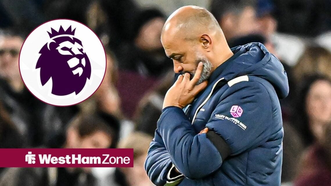 Nuno Espirito Santo looking annoyed towards a circle inset of the Premier League badge