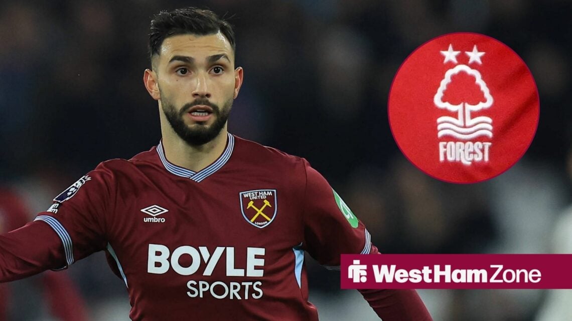 Taty Castellanos playing for West Ham looking towards a circle inset of the Nottingham Forest badge