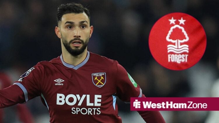 Taty Castellanos playing for West Ham looking towards a circle inset of the Nottingham Forest badge