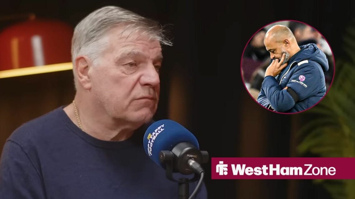 Sam Allardyce speaking on a podcast looking towards Nuno Espirito Santo looking sad