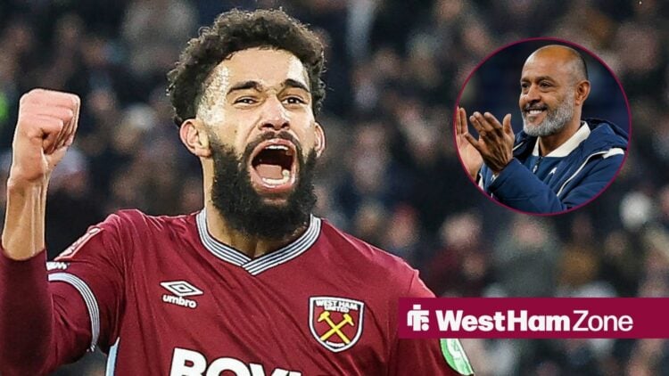 Pablo celebrating for West Ham looking towards Nuno Espirito Santo clapping