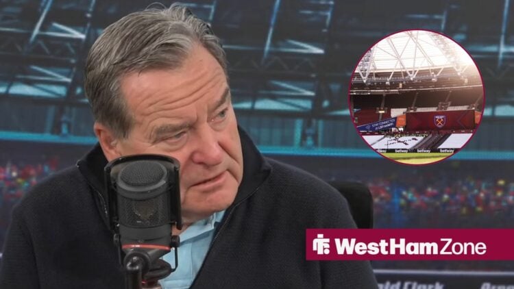 Jeff Stelling looking annoyed towards a circle inset of the London Stadium