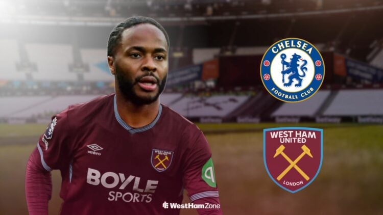 Raheem Sterling in West Ham kit with Chelsea badge