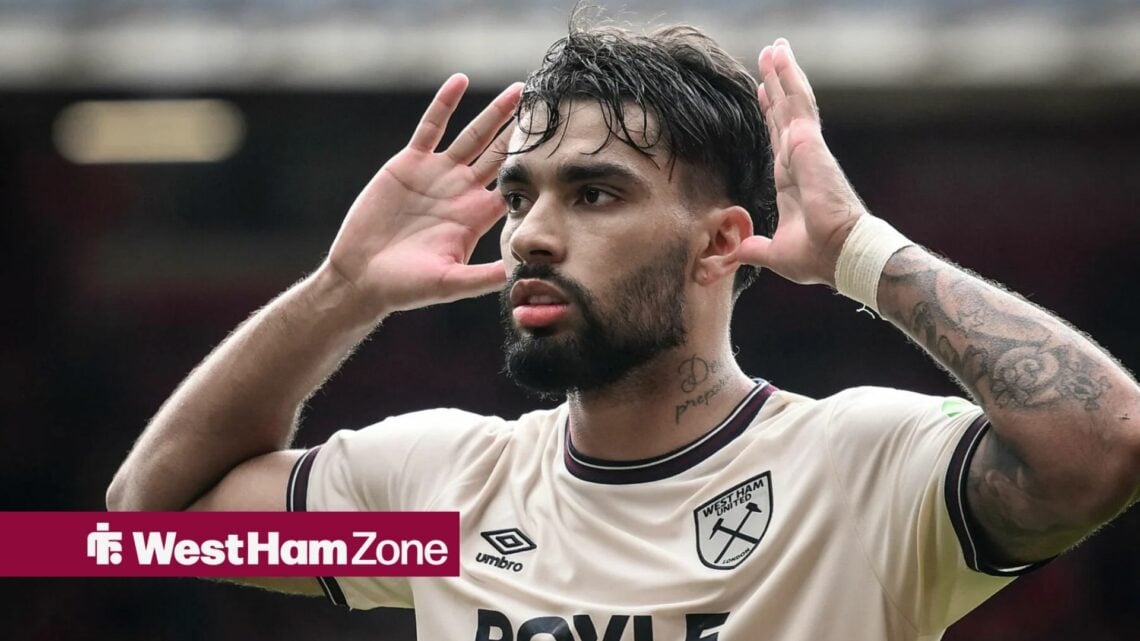 Lucas Paqueta celebrating in a West Ham shirt