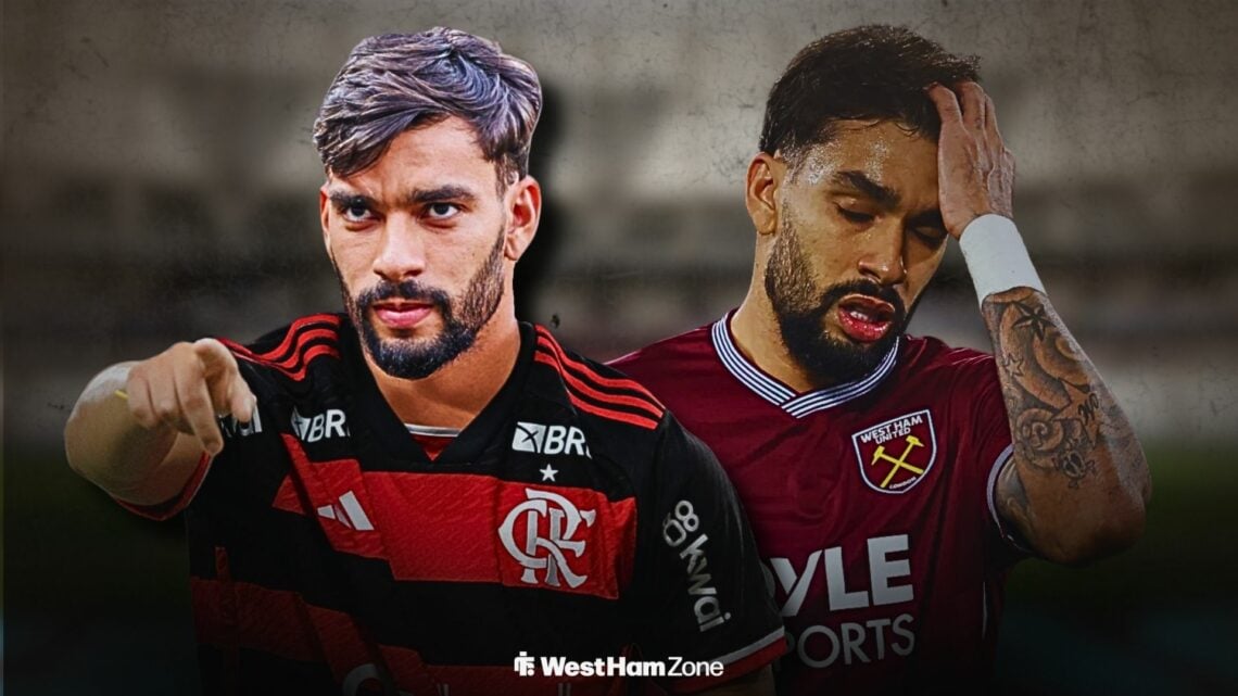Lucas Paqueta in a Flamengo shirt alongside Lucas Paqueta looking annoyed in a West Ham shirt