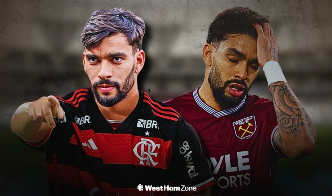 Lucas Paqueta in a Flamengo shirt alongside Lucas Paqueta looking annoyed in a West Ham shirt