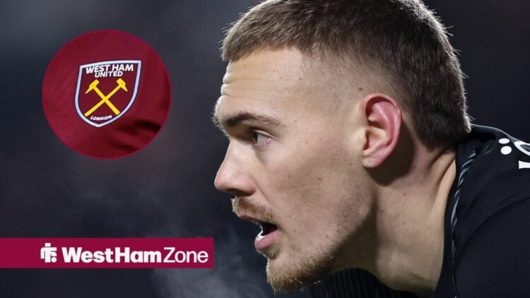 Filip Jorgensen with West Ham badge in frame