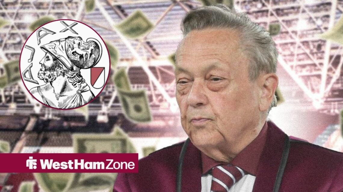 David Sullivan looking at the Ajax badge with the London Stadium in the background.