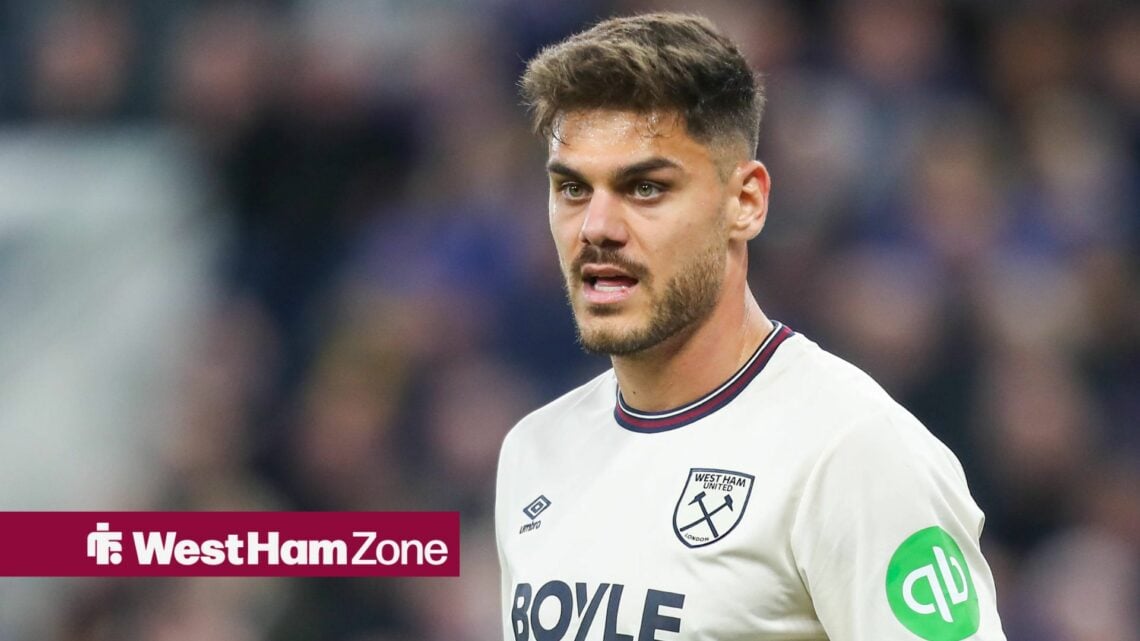 Konstantinos Mavropanos playing for West Ham