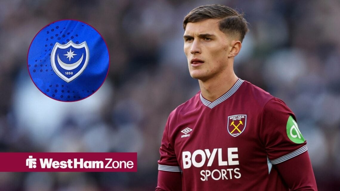 Freddie Potts at West Ham with Portsmouth badge in frame