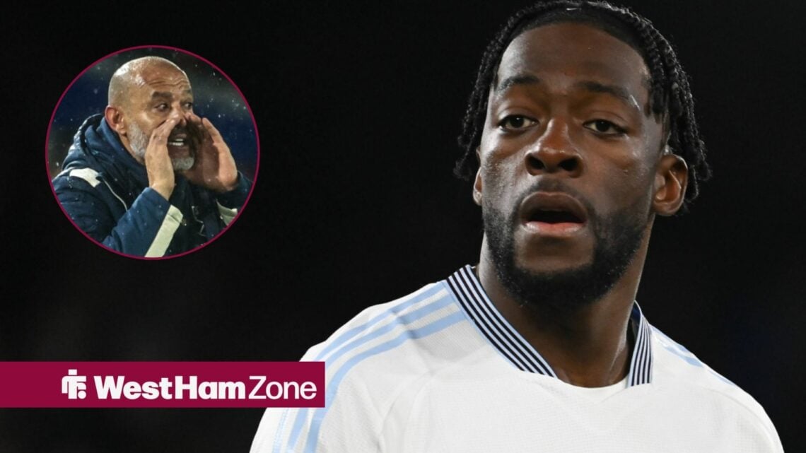 Axel Disasi looks towards circular inset of West Ham manager Nuno Espirito Santo