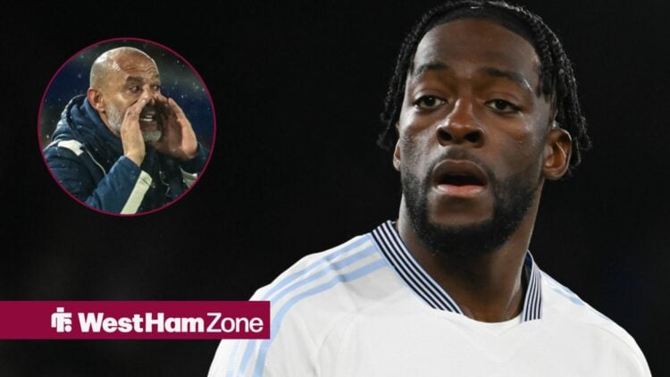 Axel Disasi looks towards circular inset of West Ham manager Nuno Espirito Santo