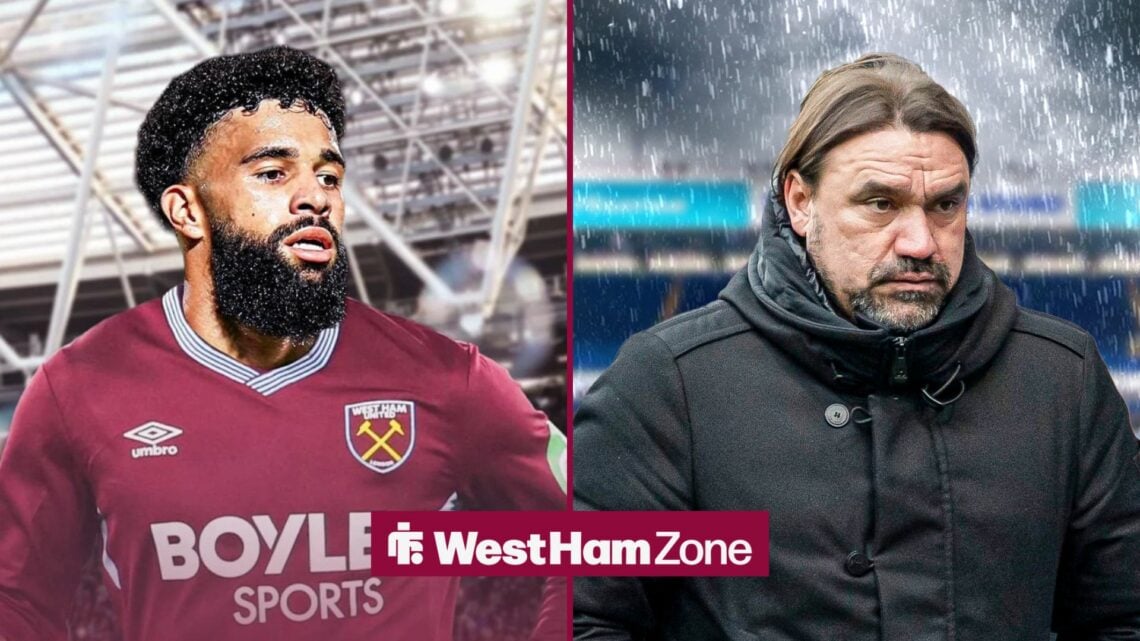 Pablo in West Ham kit and Daniel Farke in rain in 50/50 image split