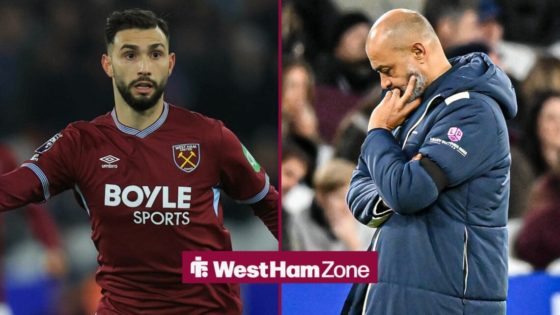 Taty Castellanos playing for West Ham looking towards a dispappointed Nuno Espirito Santo