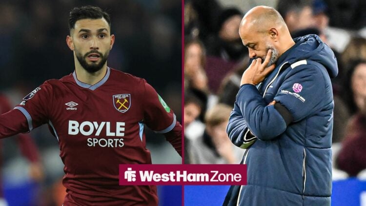 Taty Castellanos playing for West Ham looking towards a dispappointed Nuno Espirito Santo