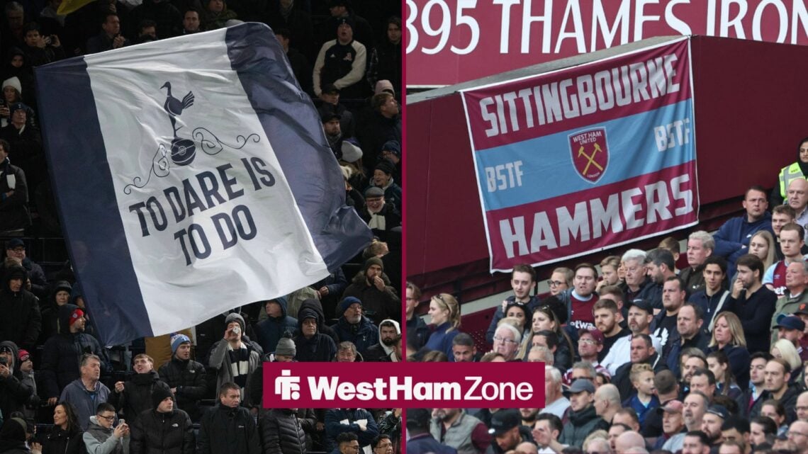 Tottenham fans and West Ham fans either side both holding flags up.