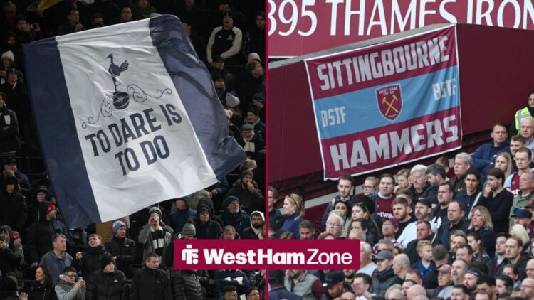 Tottenham fans and West Ham fans either side both holding flags up.