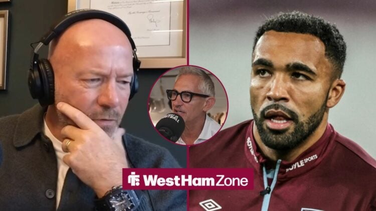 Alan Shearer looking confused in the direction of Callum Wilson. Gary Lineker looking to Shearer in the middle.
