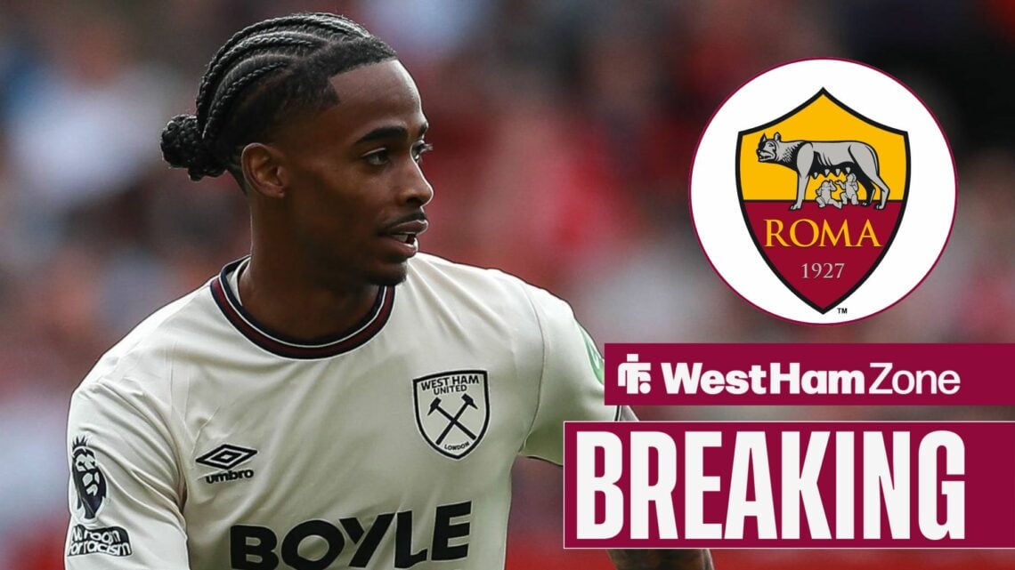 Crysencio Summerville in action for West Ham, AS Roma badge in inset.