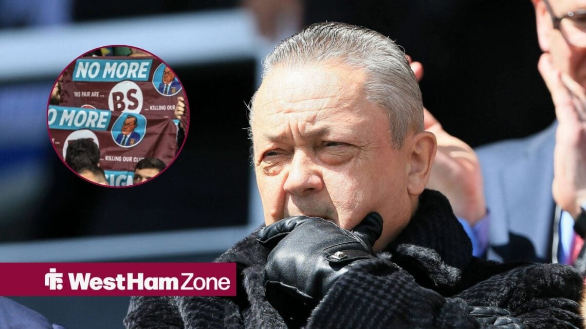 West Ham owner David Sullivan and fans in inset.