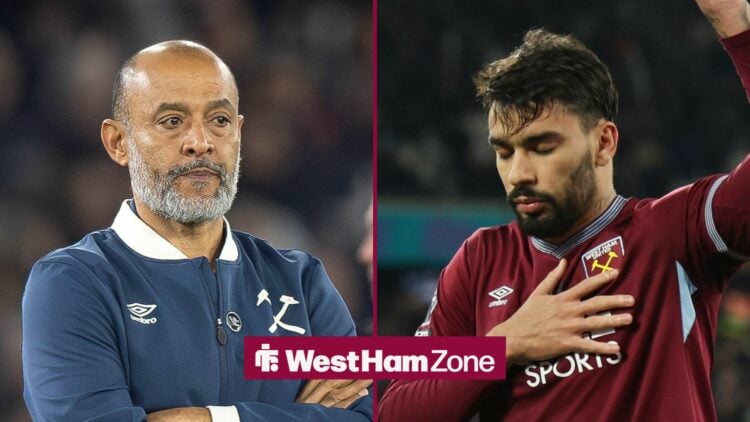 West Ham boss Nuno looking unimpressed, Lucas Paqueta celebrating.