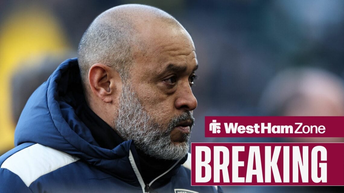 West Ham boss Nuno Espirito Santo with breaking news banner