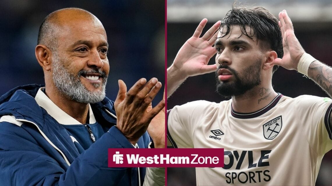 West Ham boss Nuno Espirito Santo and Lucas Paqueta looking happy.