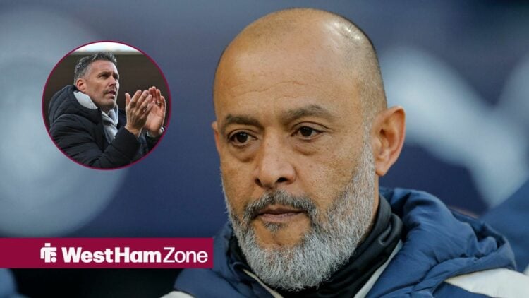 West Ham boss Nuno Espirito Santo looking angry, Rob Edwards looking pleased.