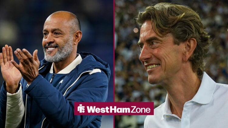 A split image of West Ham's Nuno Espirito Santo and Spurs boss Thomas Frank