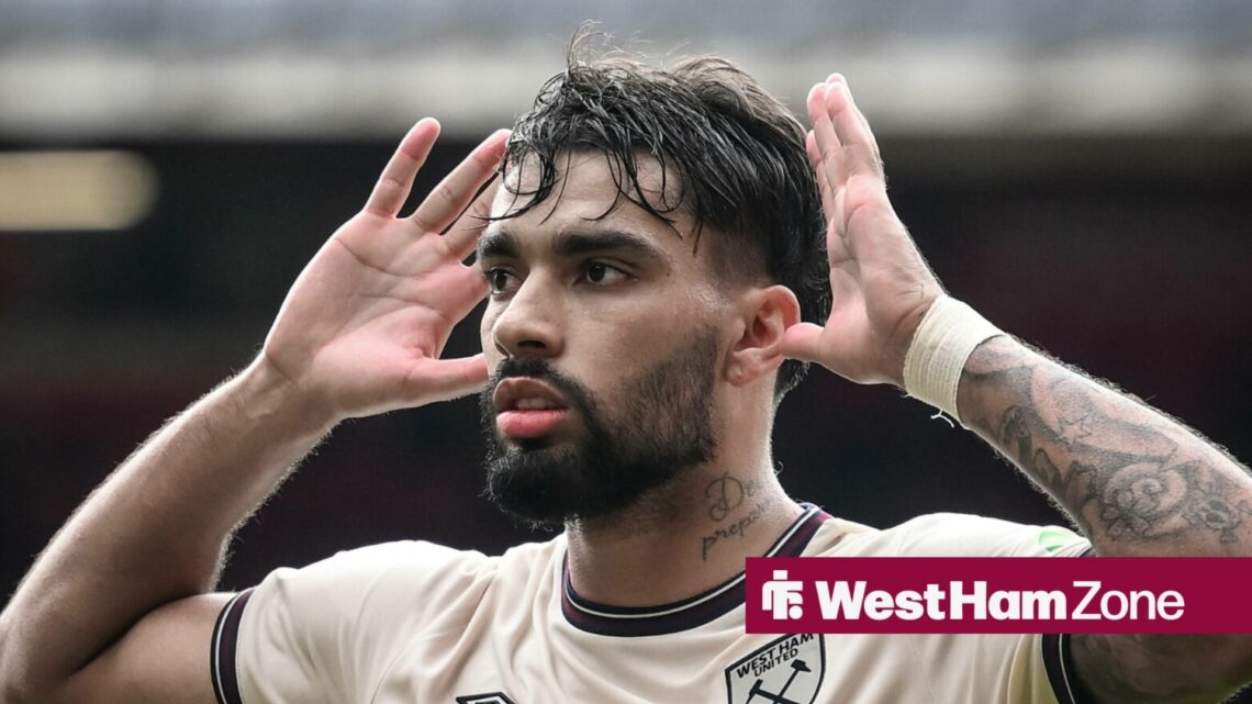 Lucas Paqueta celebrating for West Ham by holding his hands to his ears