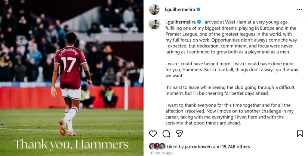 Luis Guilherme's Instagram message