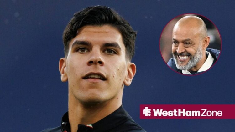 West Ham United midfielder Mateus Fernandes and Nuno Espirito Santo in circular inset