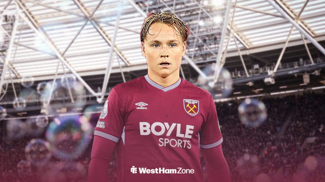 andreas schjelderup in front of the london stadium in a west ham kit.