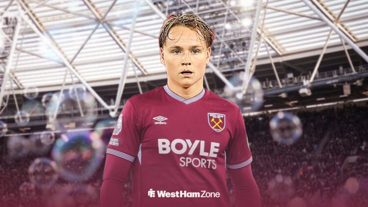 andreas schjelderup in front of the london stadium in a west ham kit.