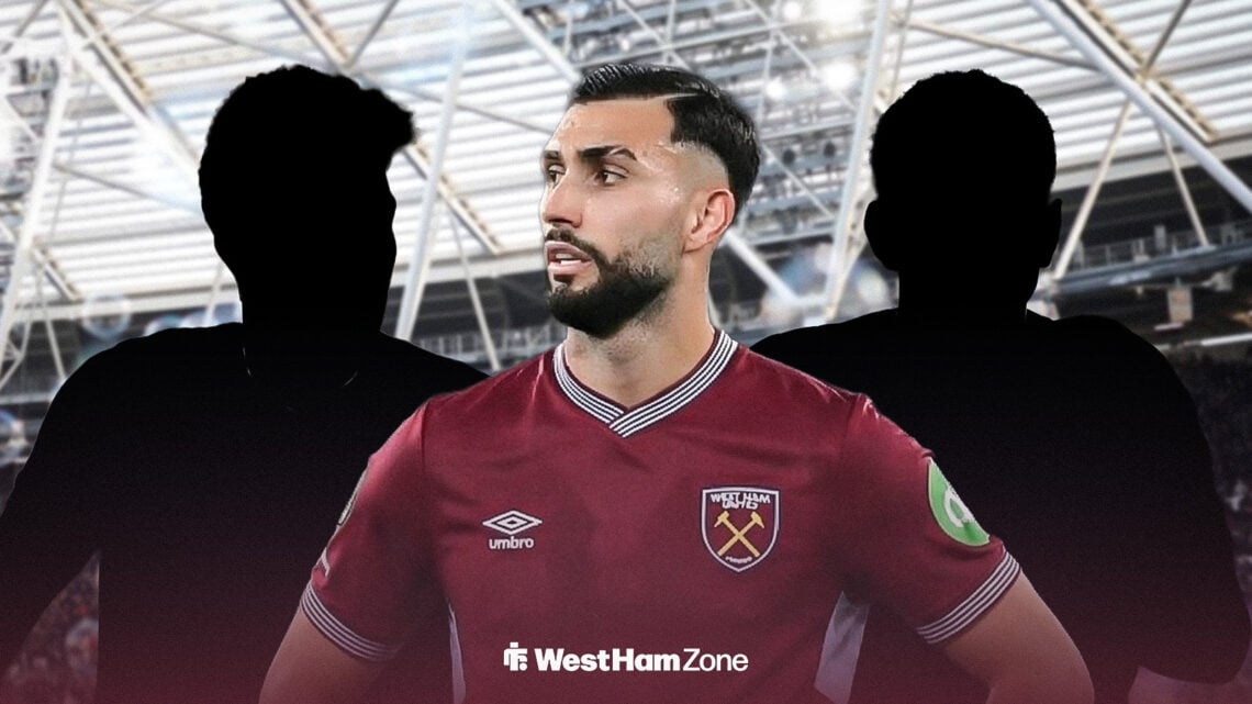 Taty Castellanos in West Ham shirt with two unknown players either side of him.
