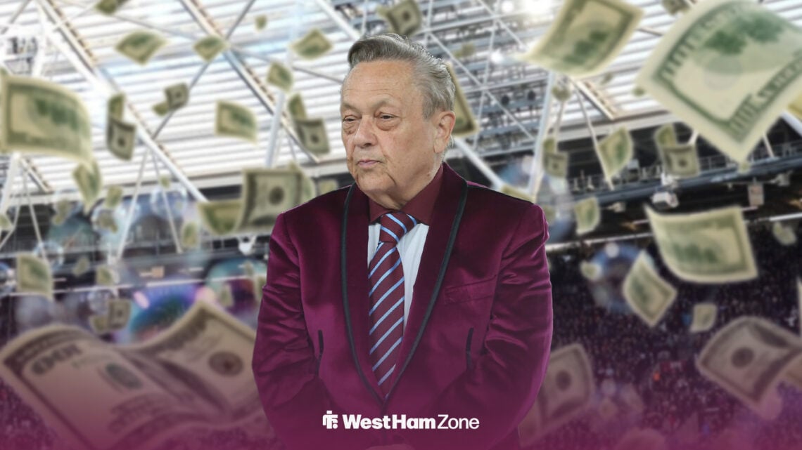 David Sullivan with bank notes falling behind him at the London Stadium.