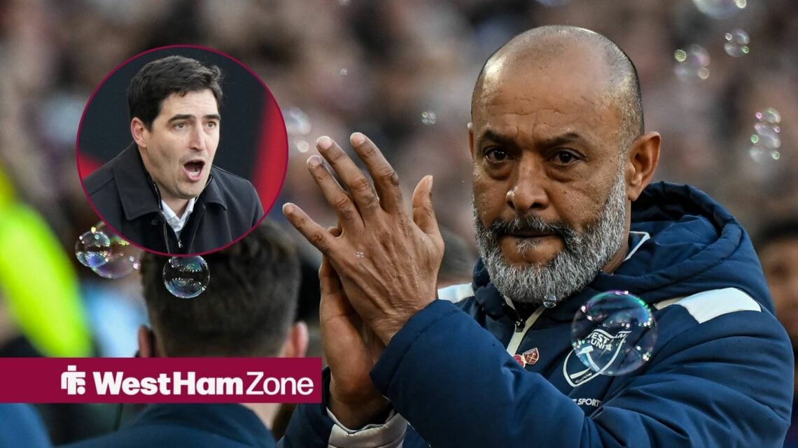 Andoni Iraola (inset) barks instructions while Nuno Espirito Santo applauds West Ham's fans