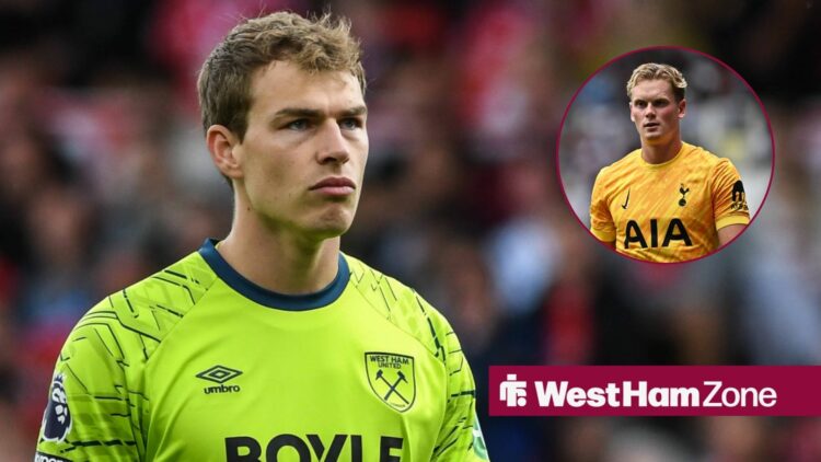 West Ham goalkeeper Mads Hermansen and Tottenham's Antonin Kinsky