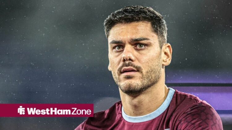 Konstantinos Mavropanos looking to the left in a West Ham home kit.