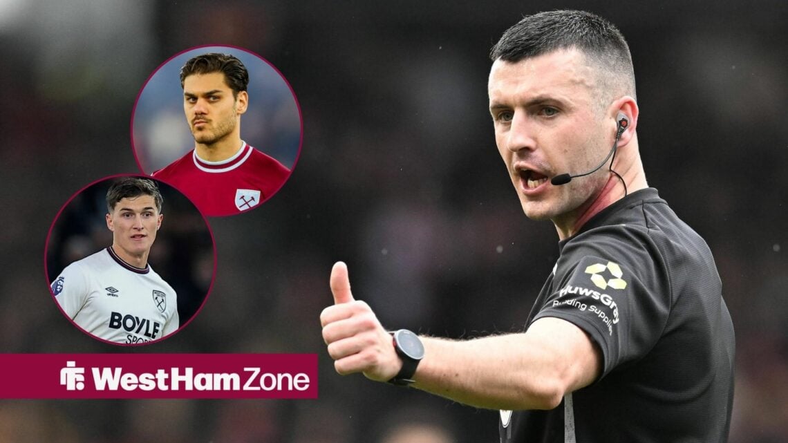 Premier League referee Lewis Smith giving thumbs up with West Ham's Freddie Potts and Konstantinos Mavropanos in circular insets