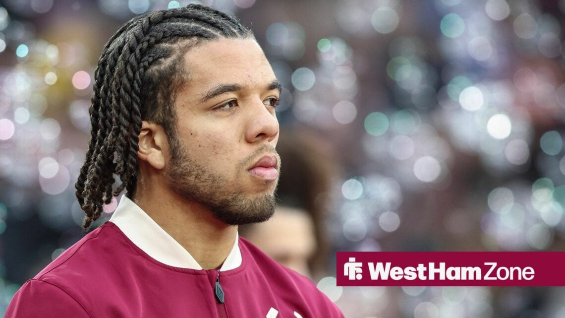 West Ham defender Ezra Mayers walking out at the London Stadium with bubbles in the background