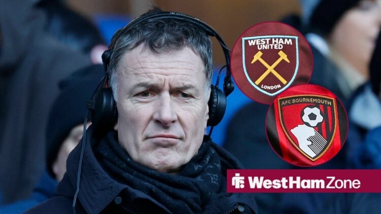Chris Sutton looks on with circular insets of West Ham and Bournemouth badges