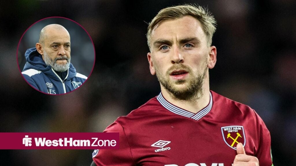 Jarrod Bowen looks on playing for West Ham with circular inset of Nuno Espirito Santo