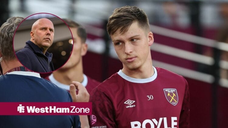 Oliver Scarles for West Ham as Arne Slot looks on in circular inset